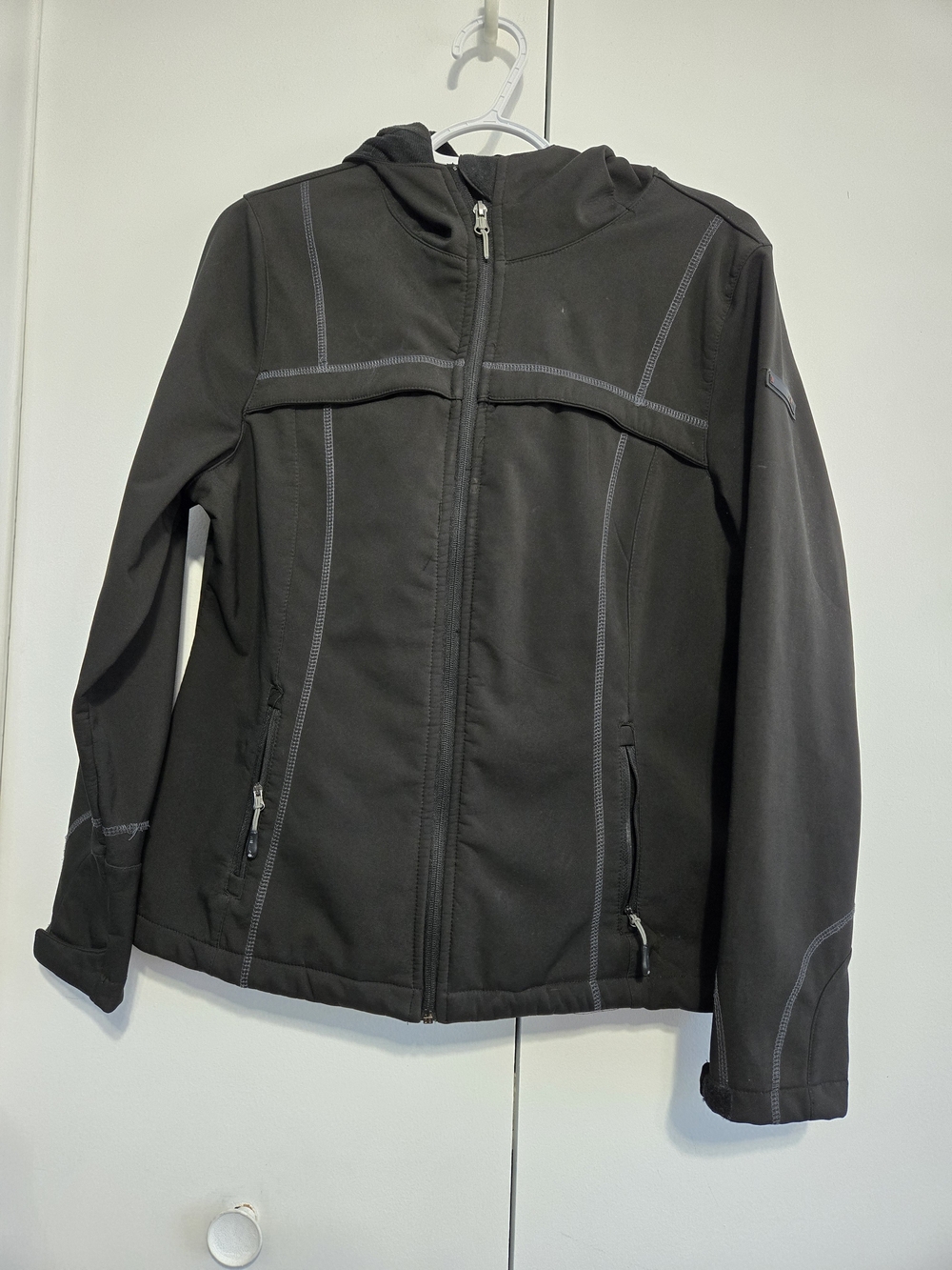 32 Degrees Weatherproof Softshell Jacket L Black Hooded Fleece Lined Stretch